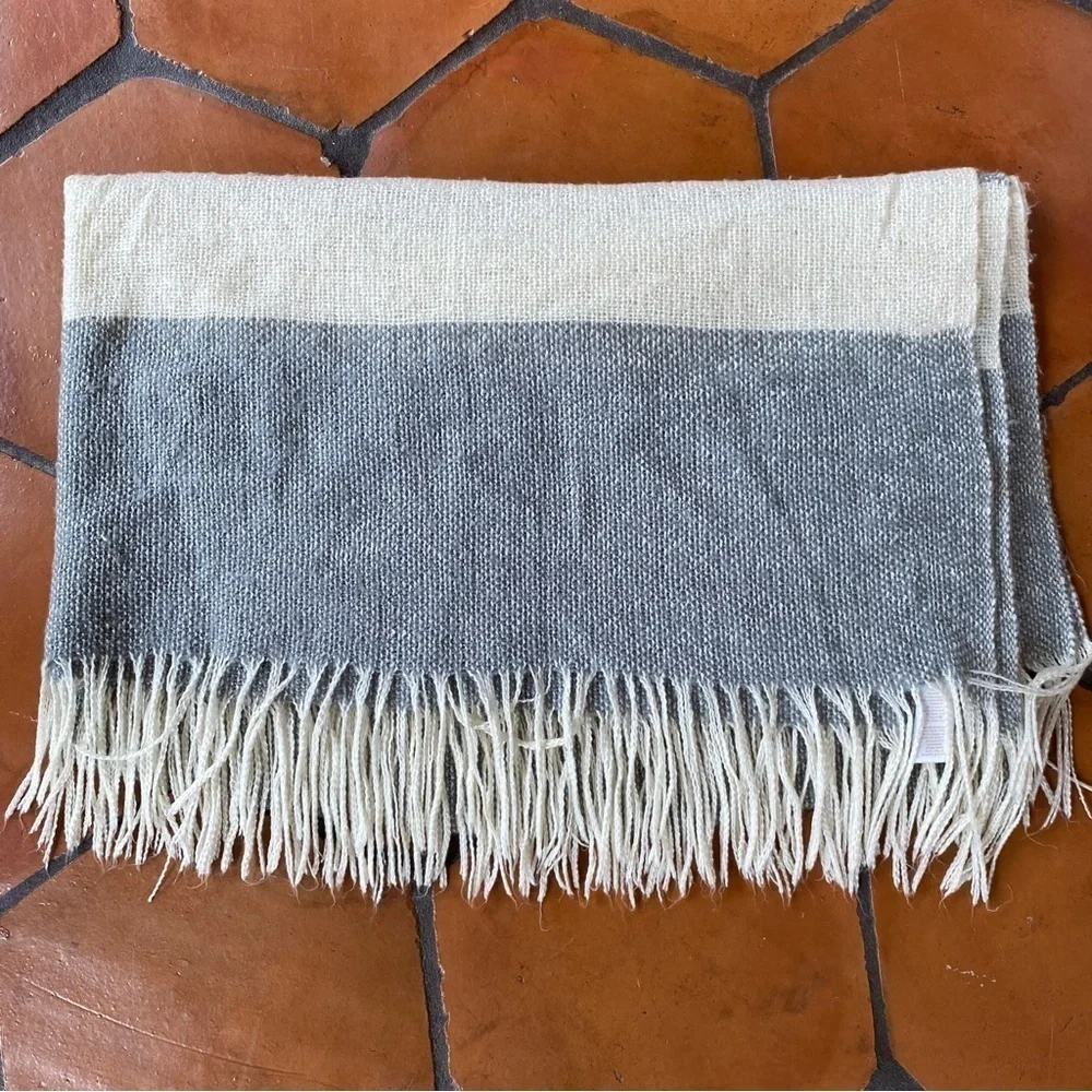 West Elm Gray Striped Throw Blanket Fringe Super Soft Wool 50 x 60